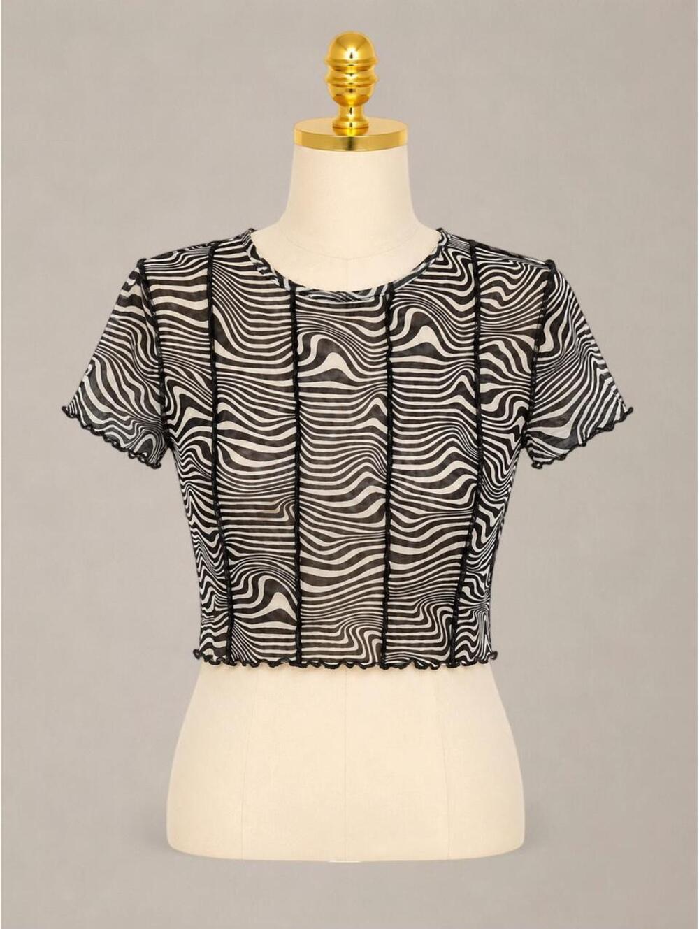 Sheer Mesh Swirl Crop Top Brown Black Y2K Fairy Grunge